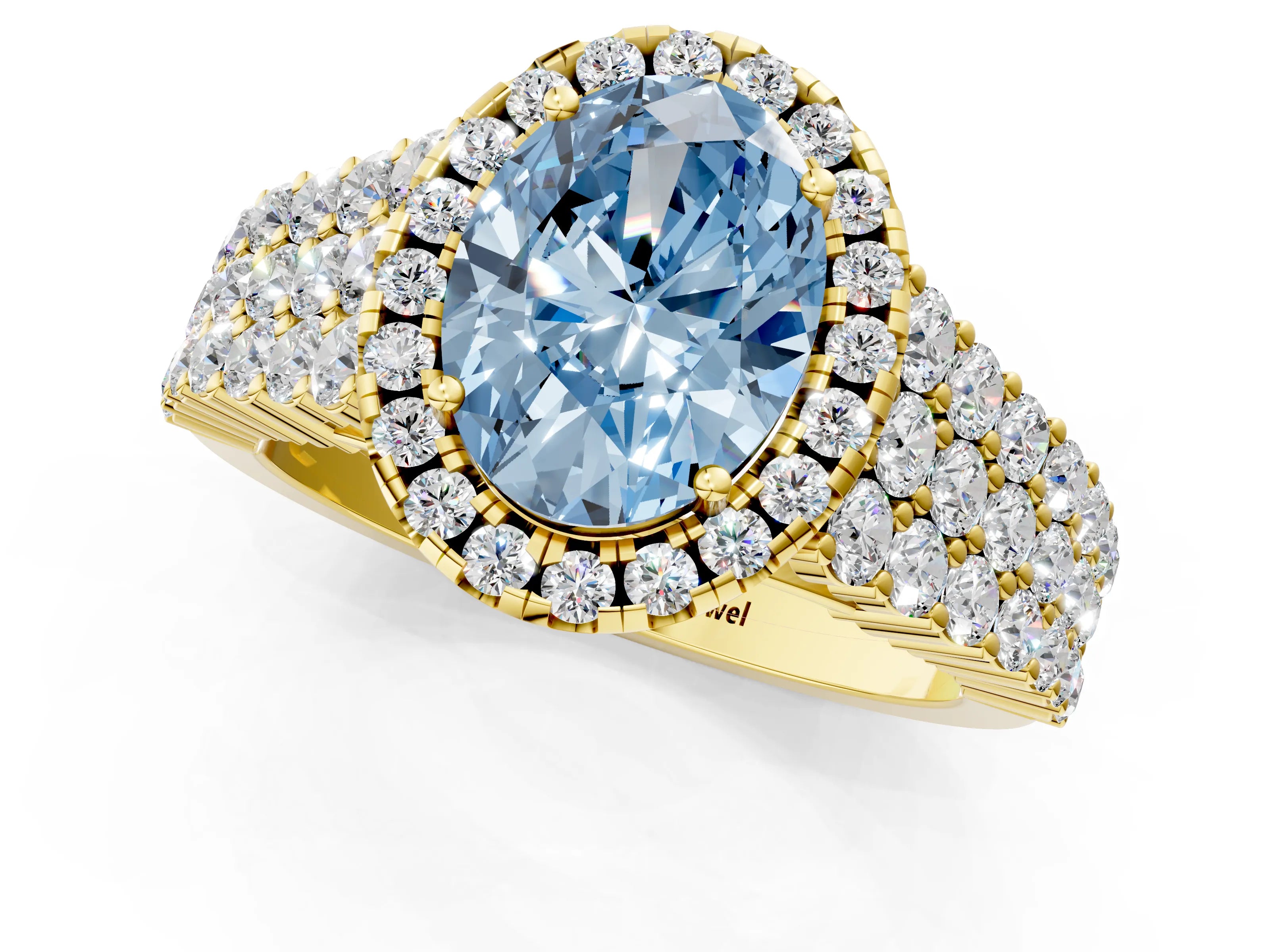 Yellow gold Fancy Blue Oval Cut Halo Pavé Diamond Engagement Ring with Split Shank and Four-Prong Setting_4