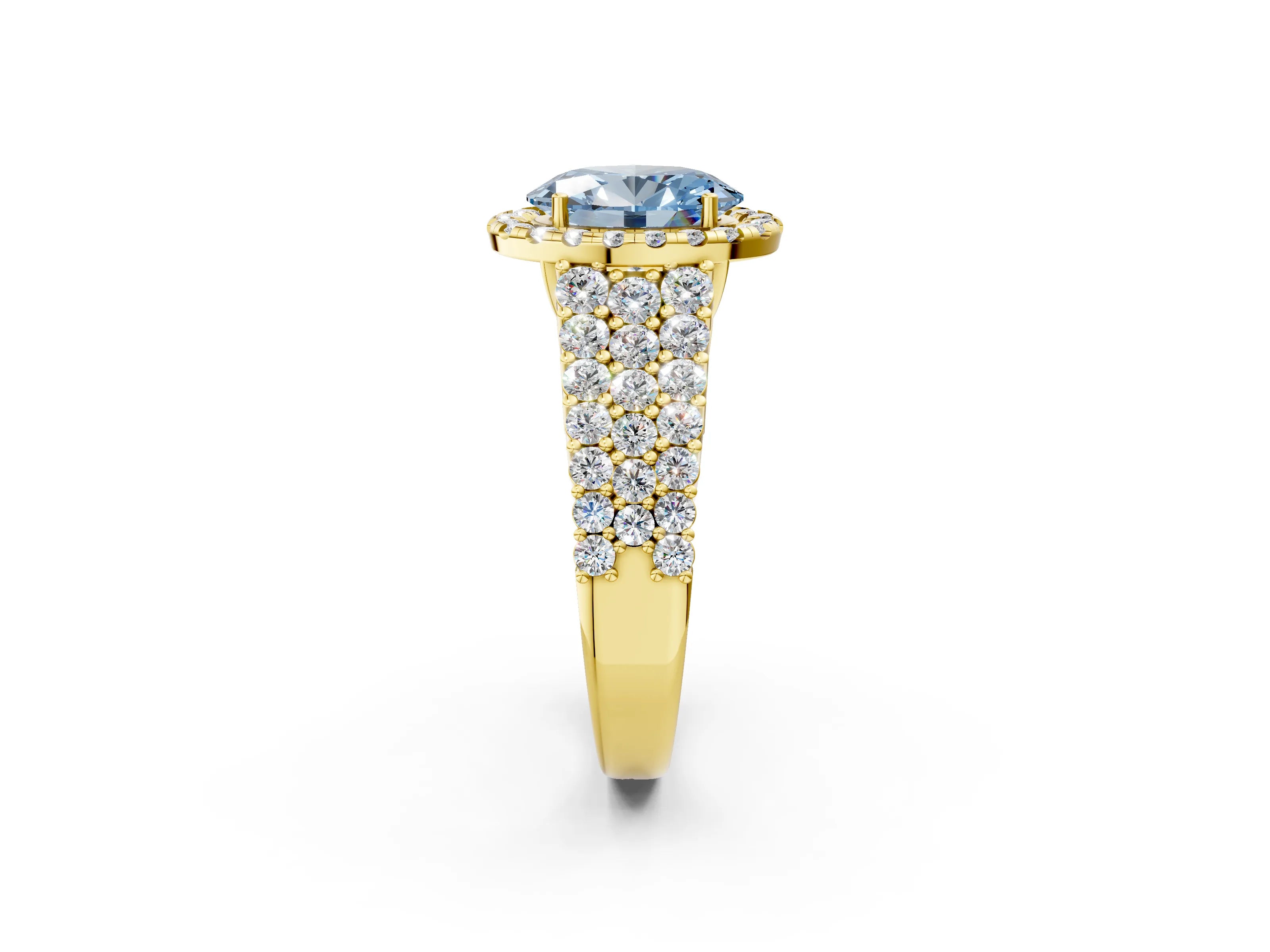 Yellow gold Fancy Blue Oval Cut Halo Pavé Diamond Engagement Ring with Split Shank and Four-Prong Setting_5