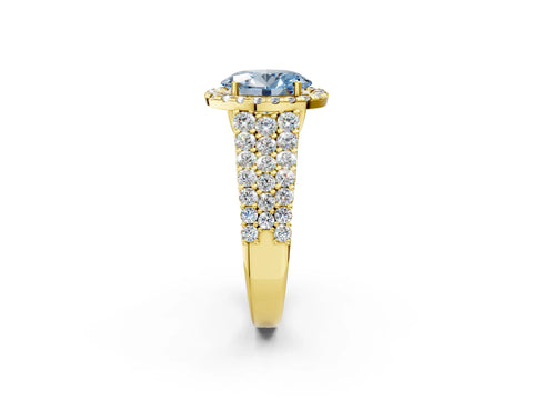 Yellow gold Fancy Blue Oval Cut Halo Pavé Diamond Engagement Ring with Split Shank and Four-Prong Setting_5