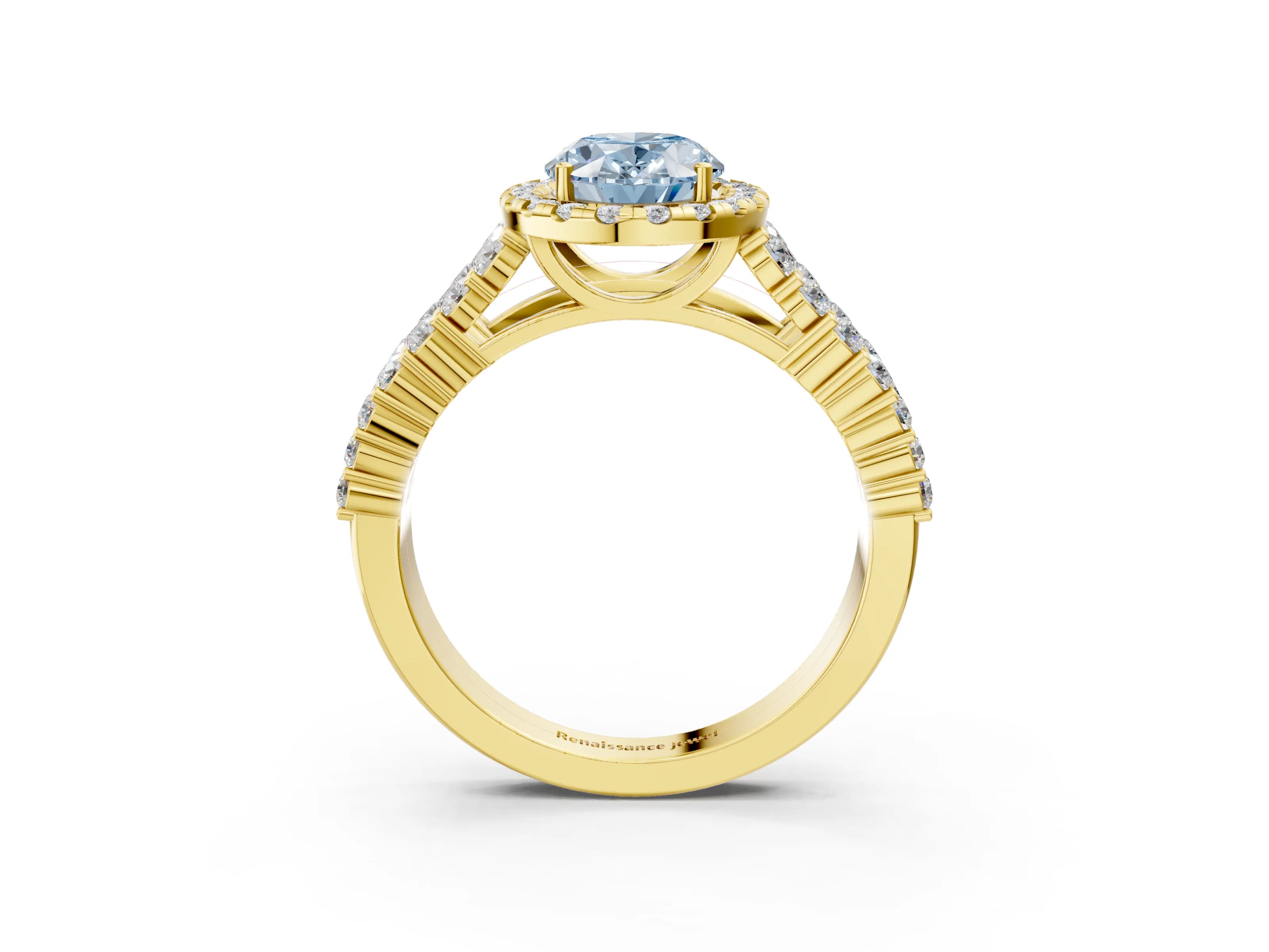 Yellow gold Fancy Blue Oval Cut Halo Pavé Diamond Engagement Ring with Split Shank and Four-Prong Setting_6
