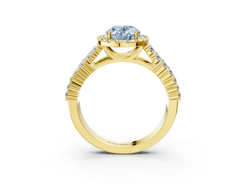 Yellow gold Fancy Blue Oval Cut Halo Pavé Diamond Engagement Ring with Split Shank and Four-Prong Setting_6