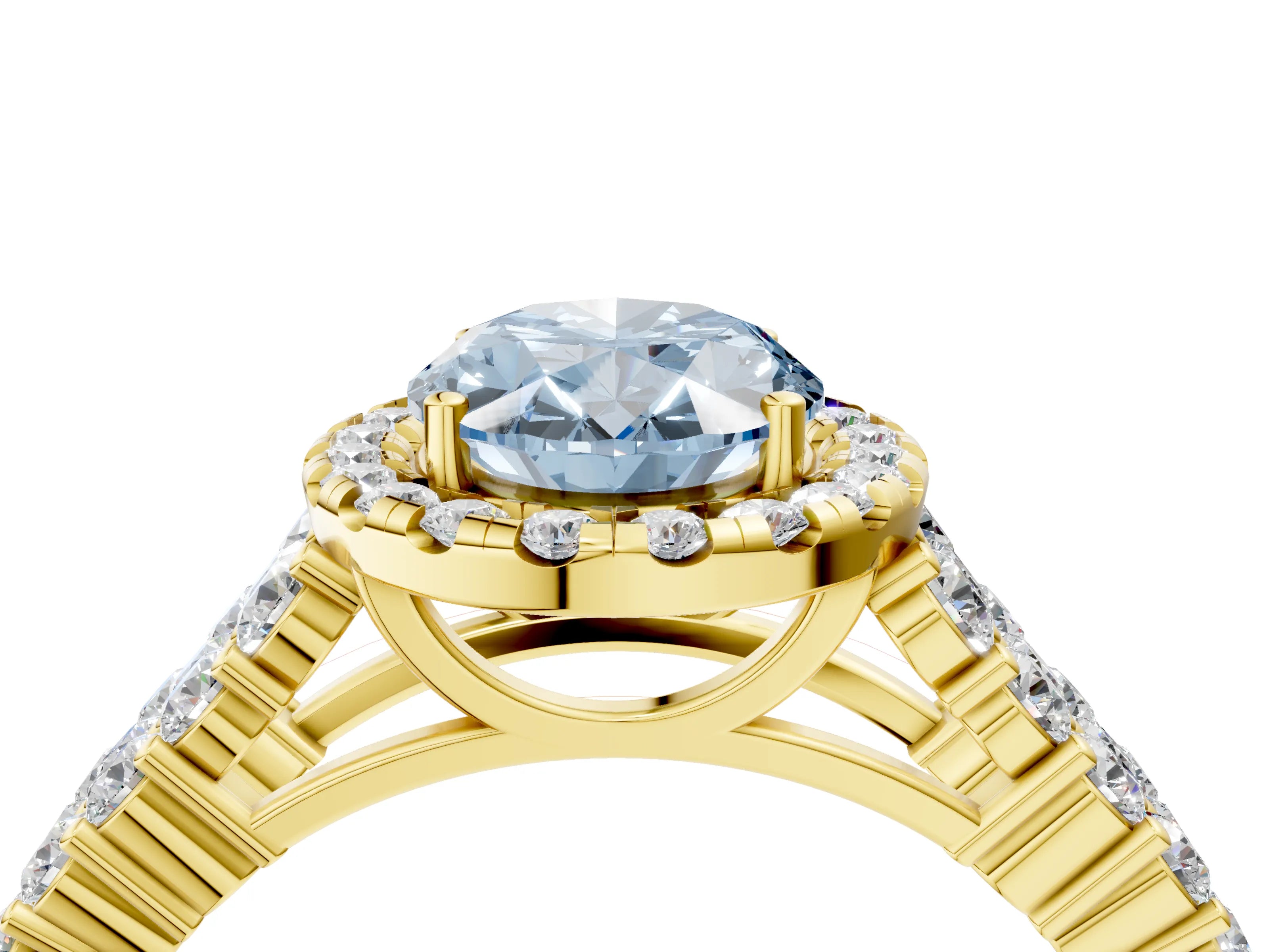 Yellow gold Fancy Blue Oval Cut Halo Pavé Diamond Engagement Ring with Split Shank and Four-Prong Setting_7