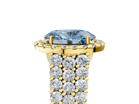 Yellow gold Fancy Blue Oval Cut Halo Pavé Diamond Engagement Ring with Split Shank and Four-Prong Setting_8
