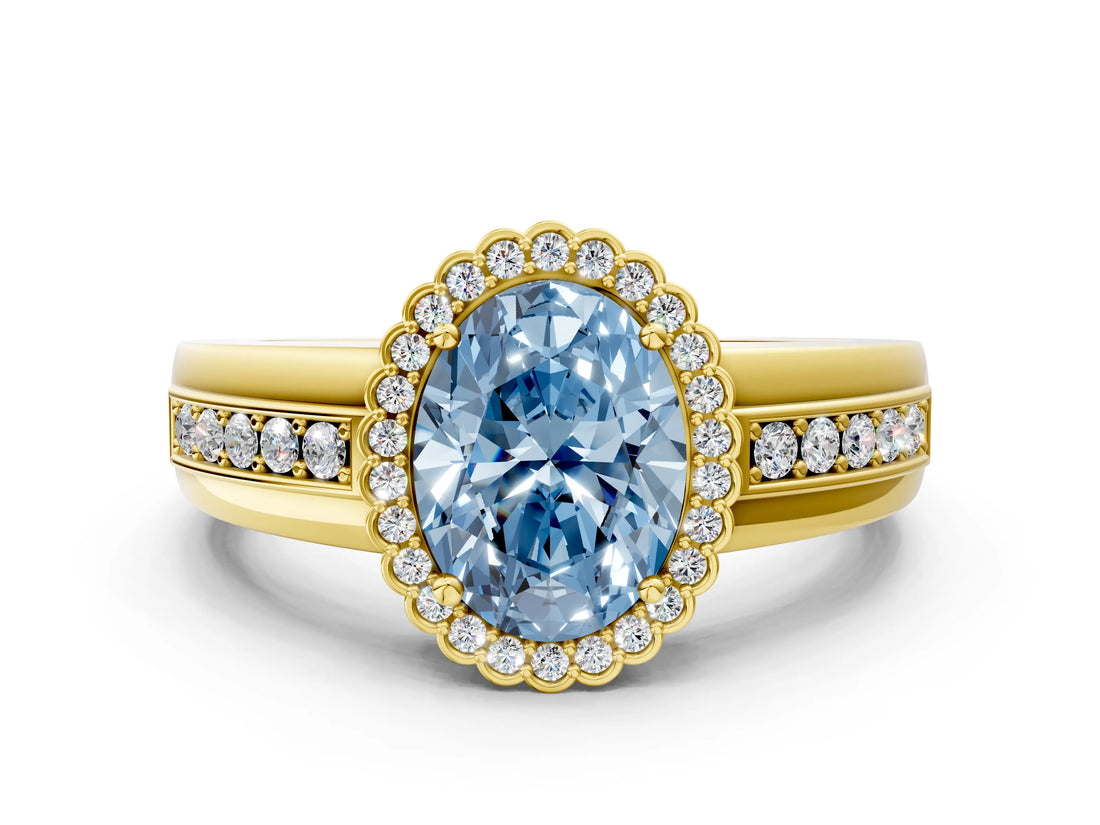 Yellow gold Fancy Blue Oval  Cut Halo Pave Band Four-Prong Ring_49