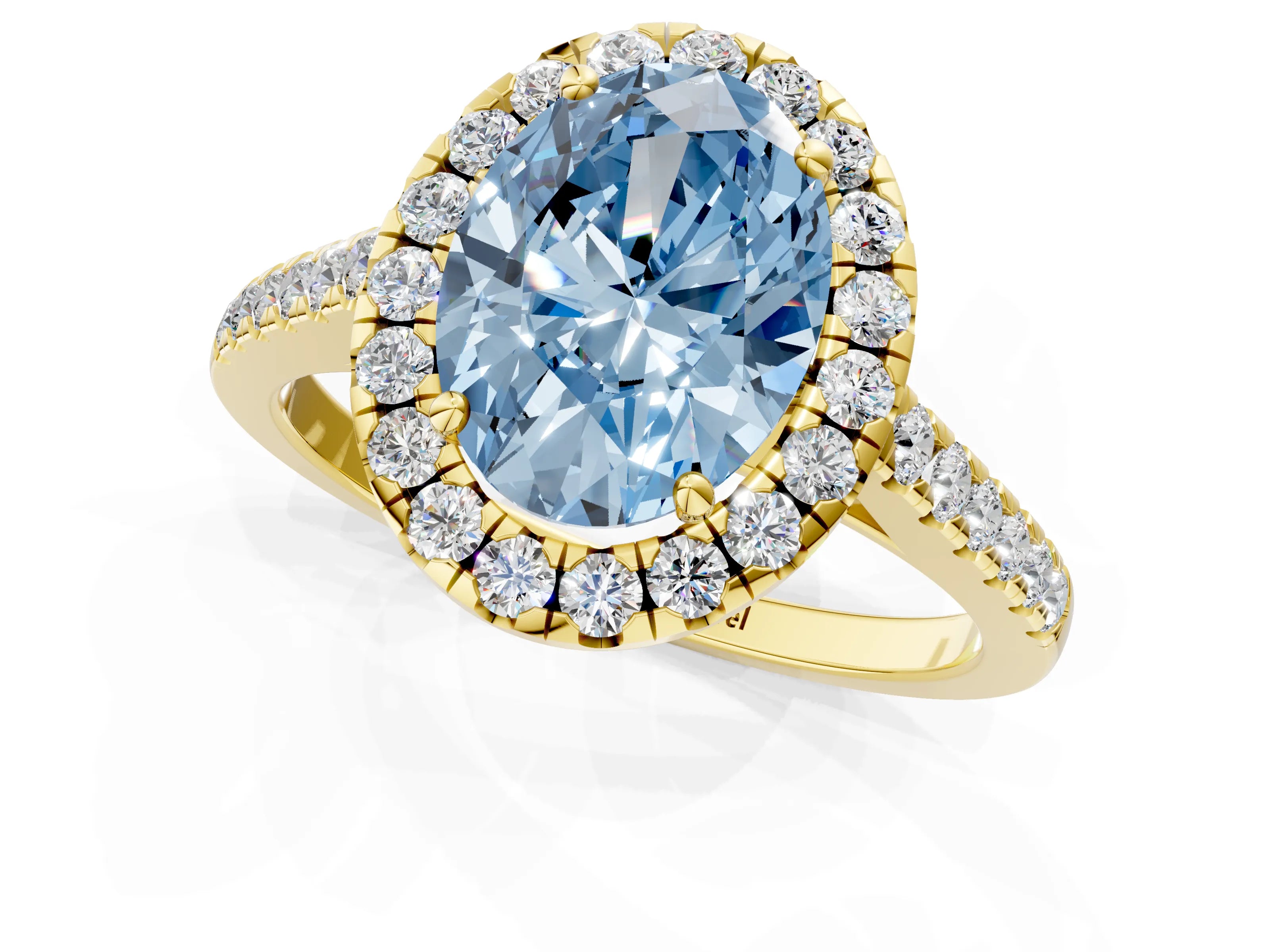 Yellow gold Fancy Blue Oval Cut Halo Pave Diamond Engagement Ring with Four-Prong Setting_3