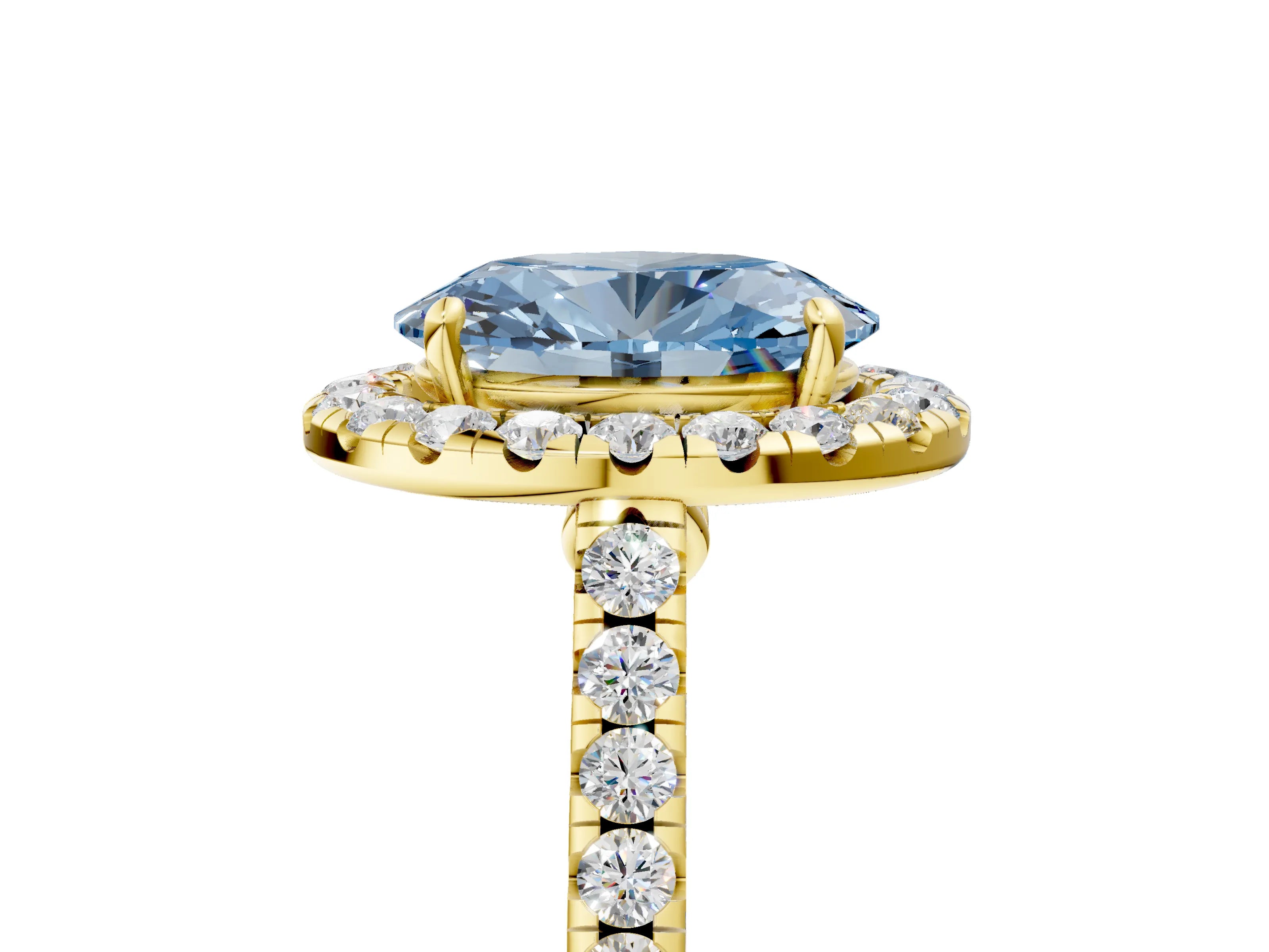 Yellow gold Fancy Blue Oval Cut Halo Pave Diamond Engagement Ring with Four-Prong Setting_5