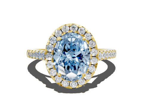 Yellow gold Fancy Blue Oval Cut Halo Pave Diamond Engagement Ring with Four-Prong Setting