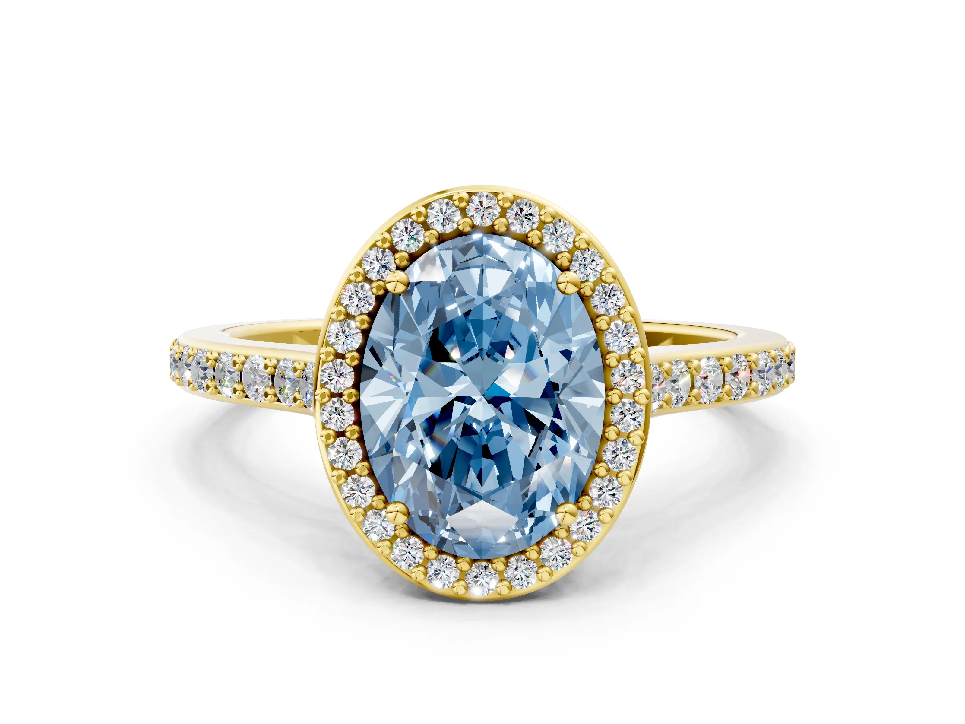 Yellow gold Fancy Blue Oval Cut Halo Round Diamond Pavé Band with Four-Prong Setting_3