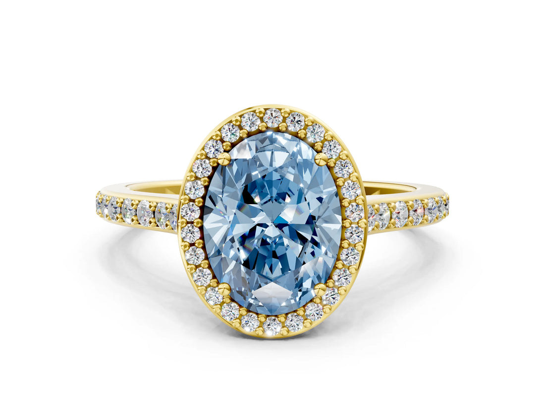 Yellow gold Fancy Blue Oval Cut Halo Round Diamond Pavé Band with Four-Prong Setting_3