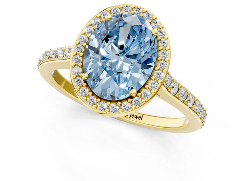 Yellow gold Fancy Blue Oval Cut Halo Round Diamond Pavé Band with Four-Prong Setting_4