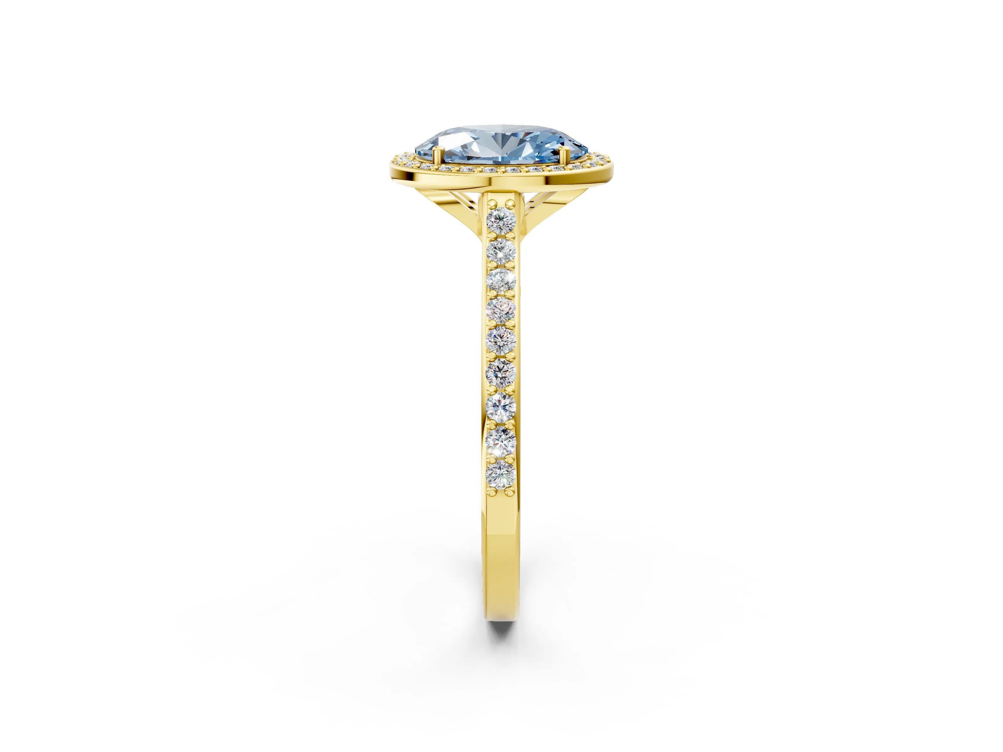 Yellow gold Fancy Blue Oval Cut Halo Round Diamond Pavé Band with Four-Prong Setting_5