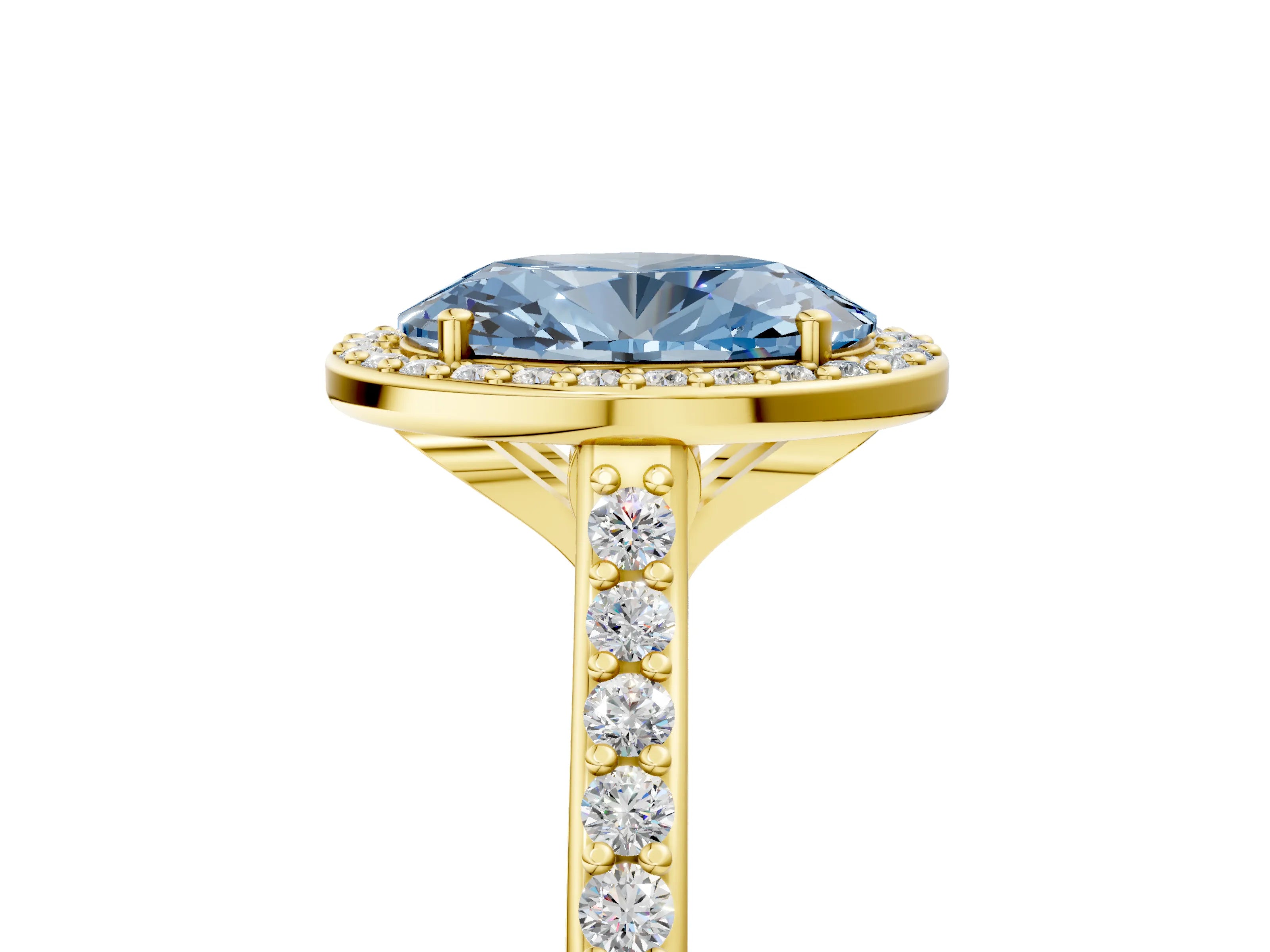 Yellow gold Fancy Blue Oval Cut Halo Round Diamond Pavé Band with Four-Prong Setting_8
