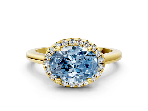 Yellow gold Fancy Blue Oval Cut Halo Round Diamond Solitaire Engagement Ring with Pave Band and Four-Prong Setting_12