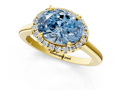 Yellow gold Fancy Blue Oval Cut Halo Round Diamond Solitaire Engagement Ring with Pave Band and Four-Prong Setting_13