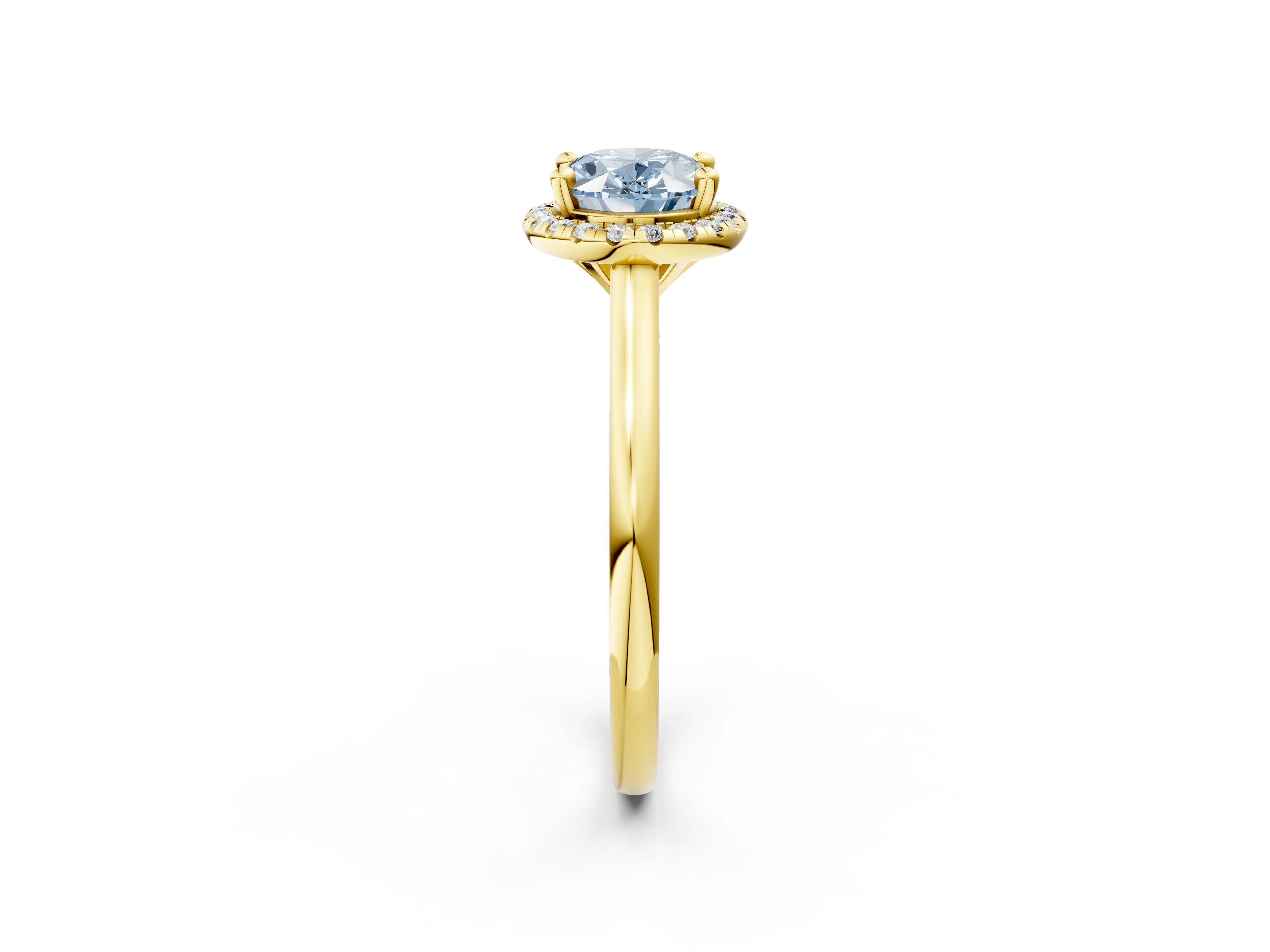 Yellow gold Fancy Blue Oval Cut Halo Round Diamond Solitaire Engagement Ring with Pave Band and Four-Prong Setting_14