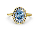 Yellow gold Fancy Blue Oval Cut Halo Round Diamond Solitaire Ring with Pavé Band and Four-Prong Setting