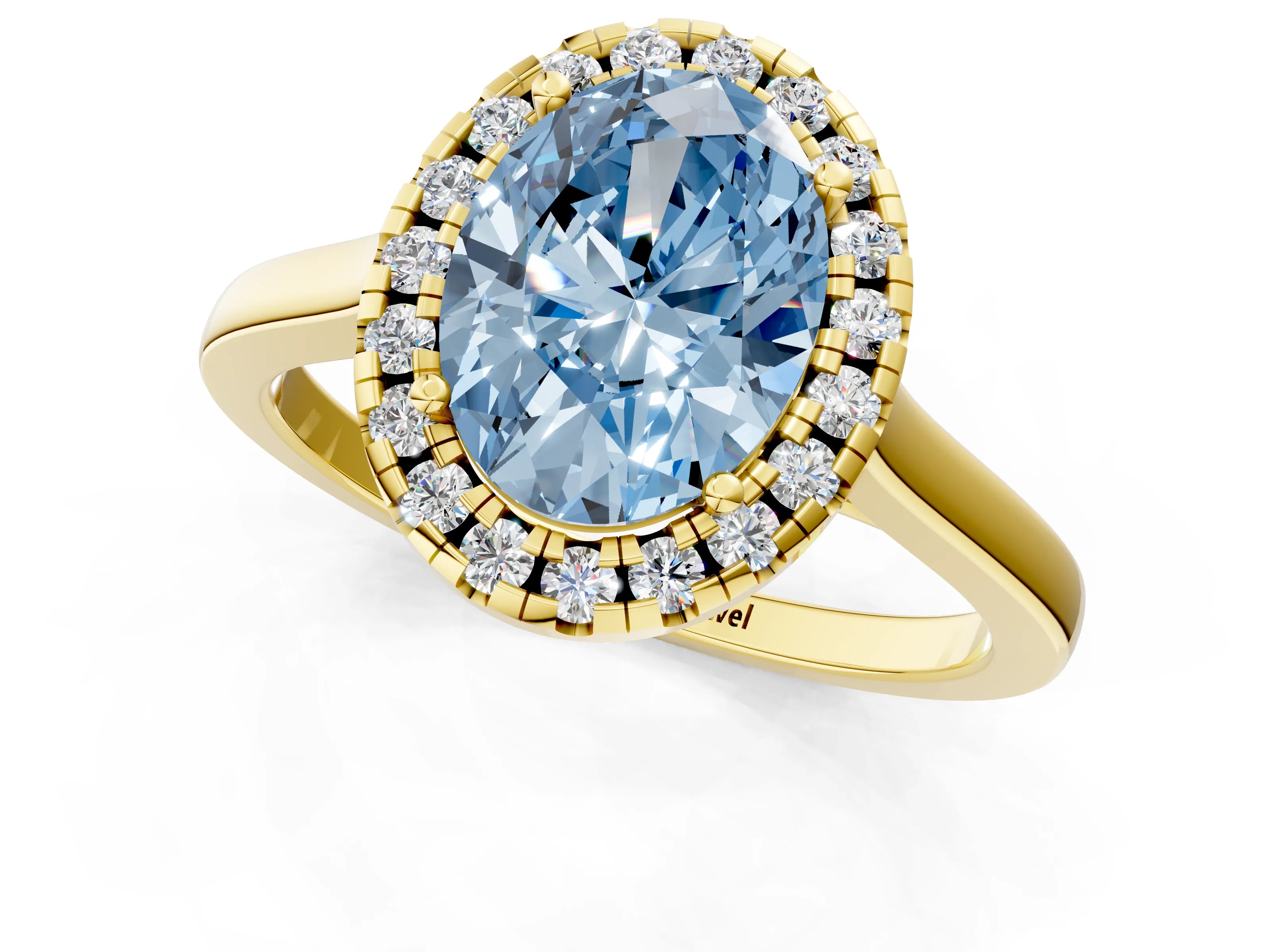 Yellow gold Fancy Blue Oval Cut Halo Round Diamond Solitaire Ring with Pavé Band and Four-Prong Setting_1