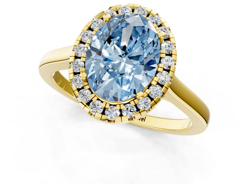 Yellow gold Fancy Blue Oval Cut Halo Round Diamond Solitaire Ring with Pavé Band and Four-Prong Setting_1