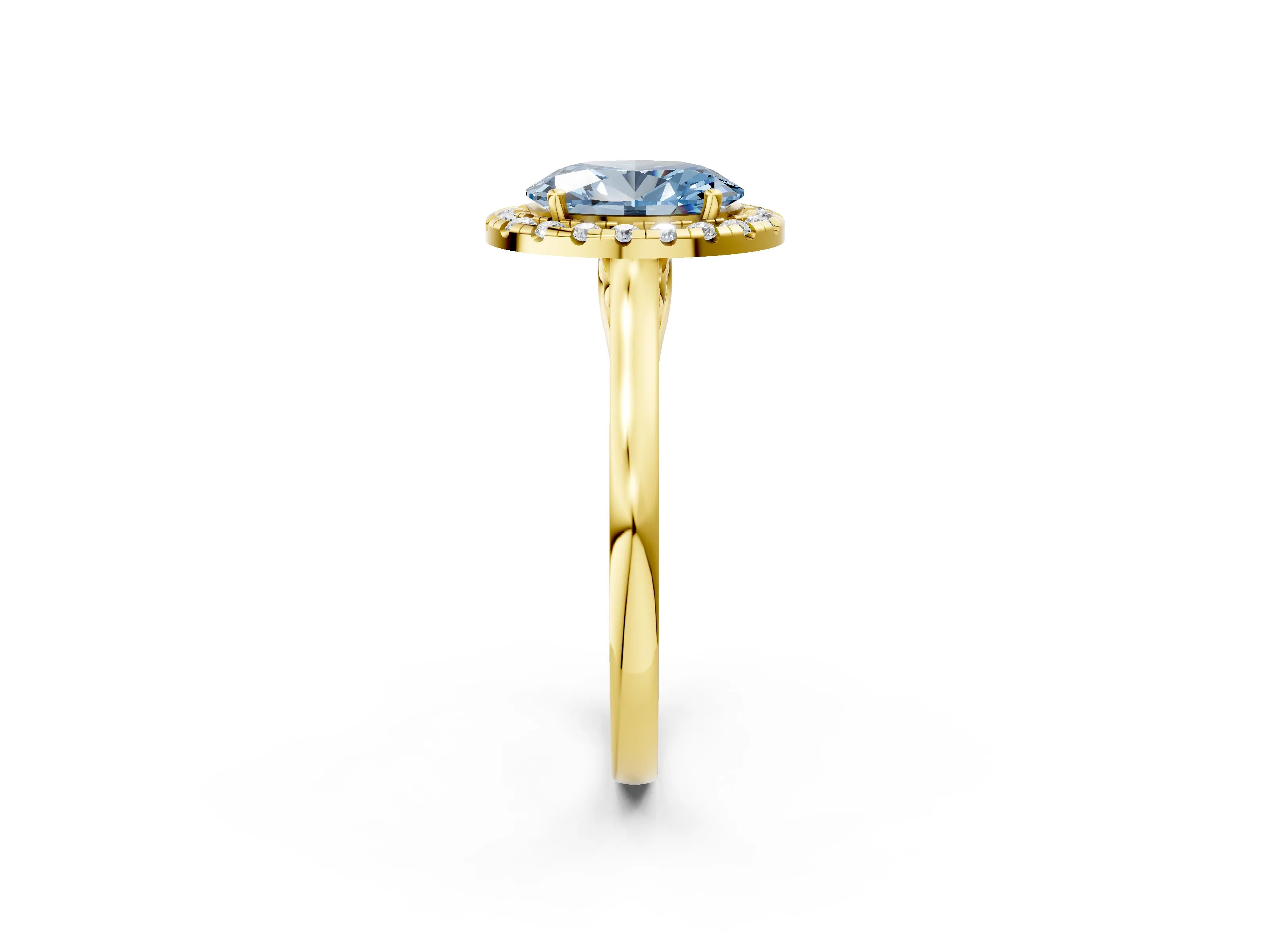 Yellow gold Fancy Blue Oval Cut Halo Round Diamond Solitaire Ring with Pavé Band and Four-Prong Setting_2