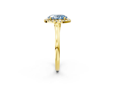Yellow gold Fancy Blue Oval Cut Halo Round Diamond Solitaire Ring with Pavé Band and Four-Prong Setting_2