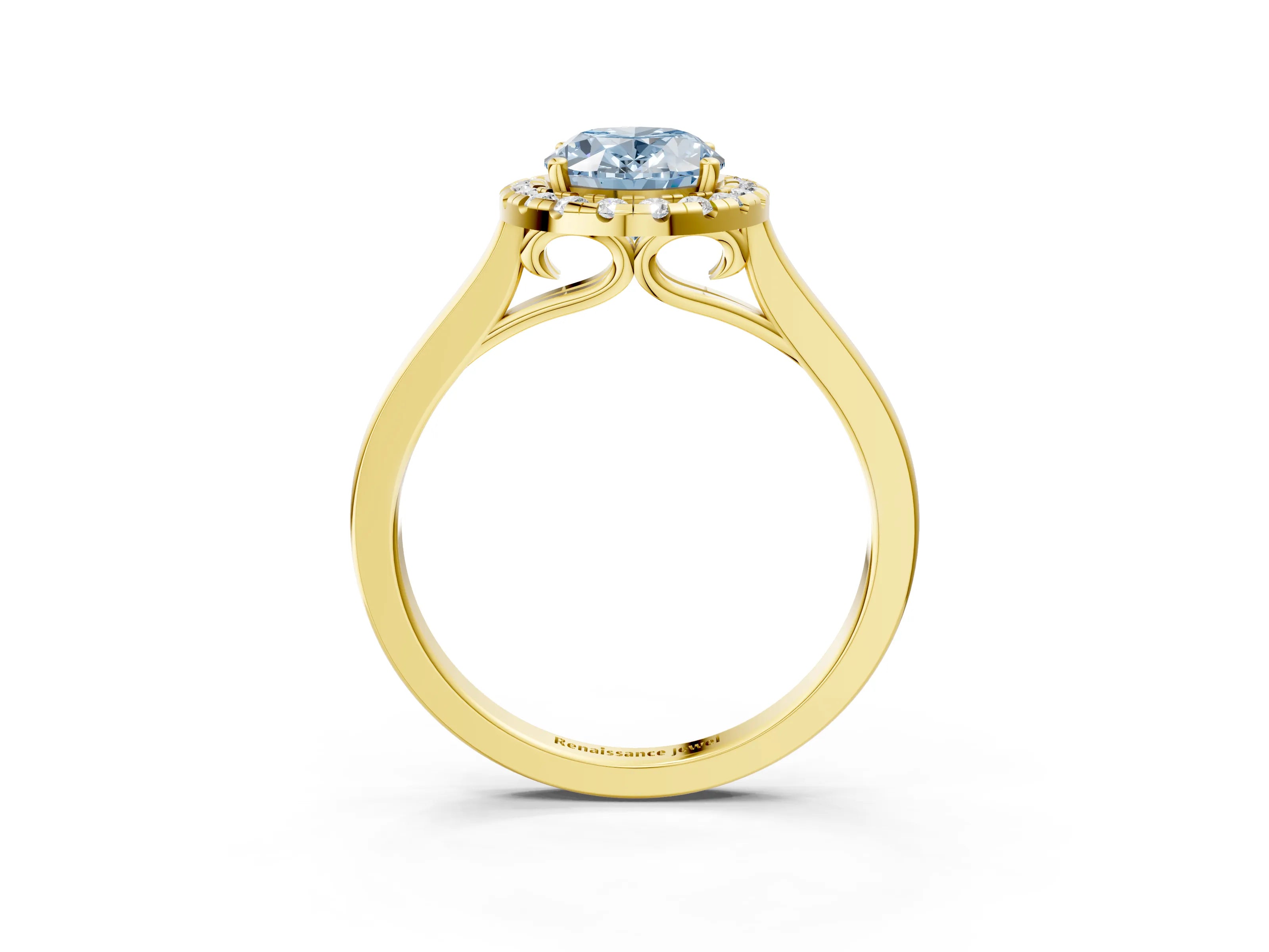 Yellow gold Fancy Blue Oval Cut Halo Round Diamond Solitaire Ring with Pavé Band and Four-Prong Setting_3