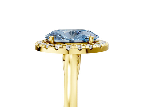 Yellow gold Fancy Blue Oval Cut Halo Round Diamond Solitaire Ring with Pavé Band and Four-Prong Setting_5