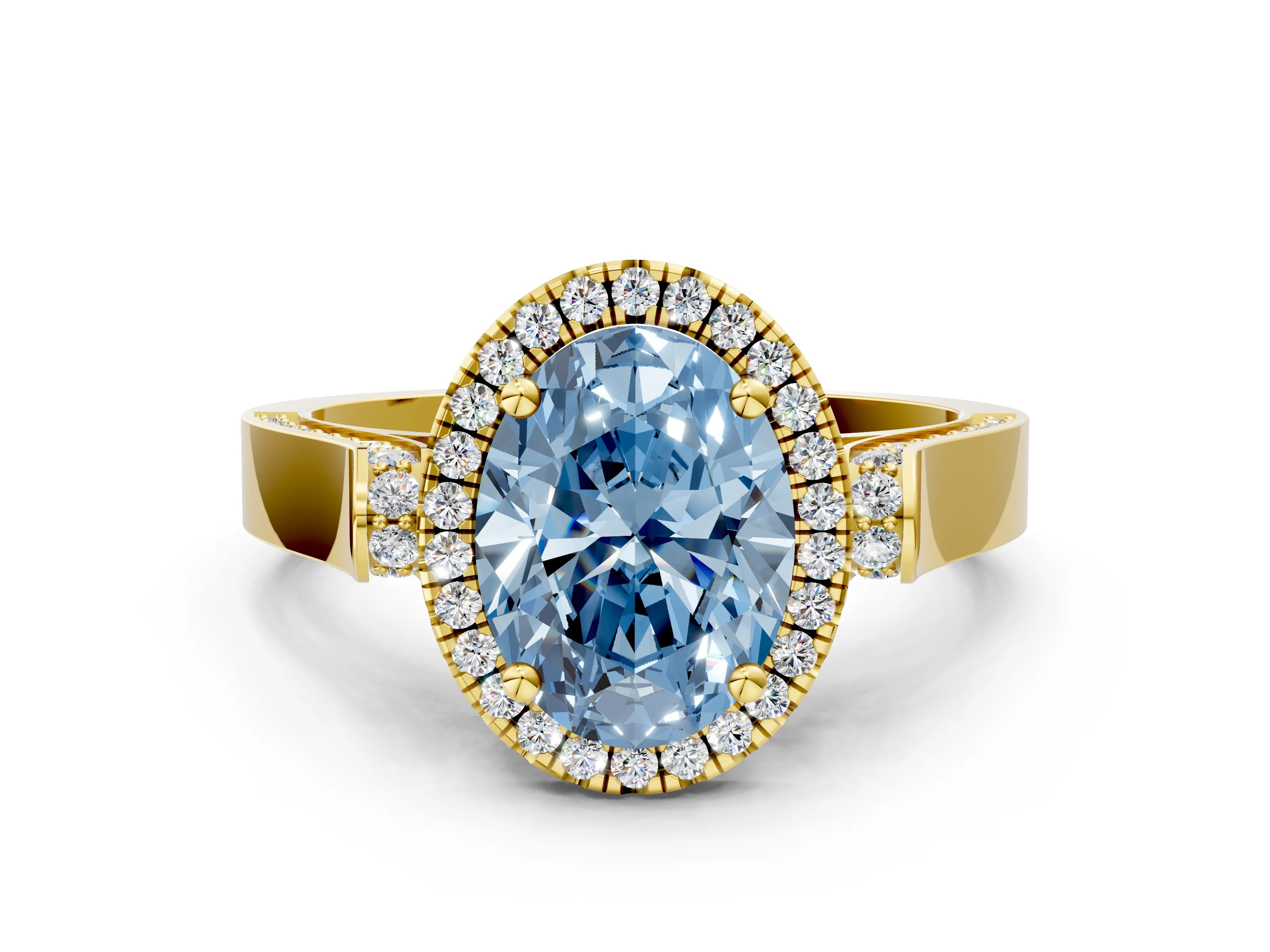 Yellow gold Fancy Blue Oval Cut Halo Round Diamond Twist Band with Four-Prong Setting