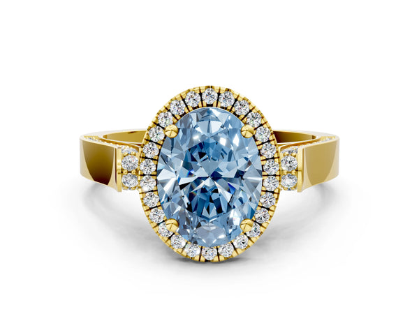 Yellow gold Fancy Blue Oval Cut Halo Round Diamond Twist Band with Four-Prong Setting