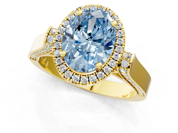 Yellow gold Fancy Blue Oval Cut Halo Round Diamond Twist Band with Four-Prong Setting