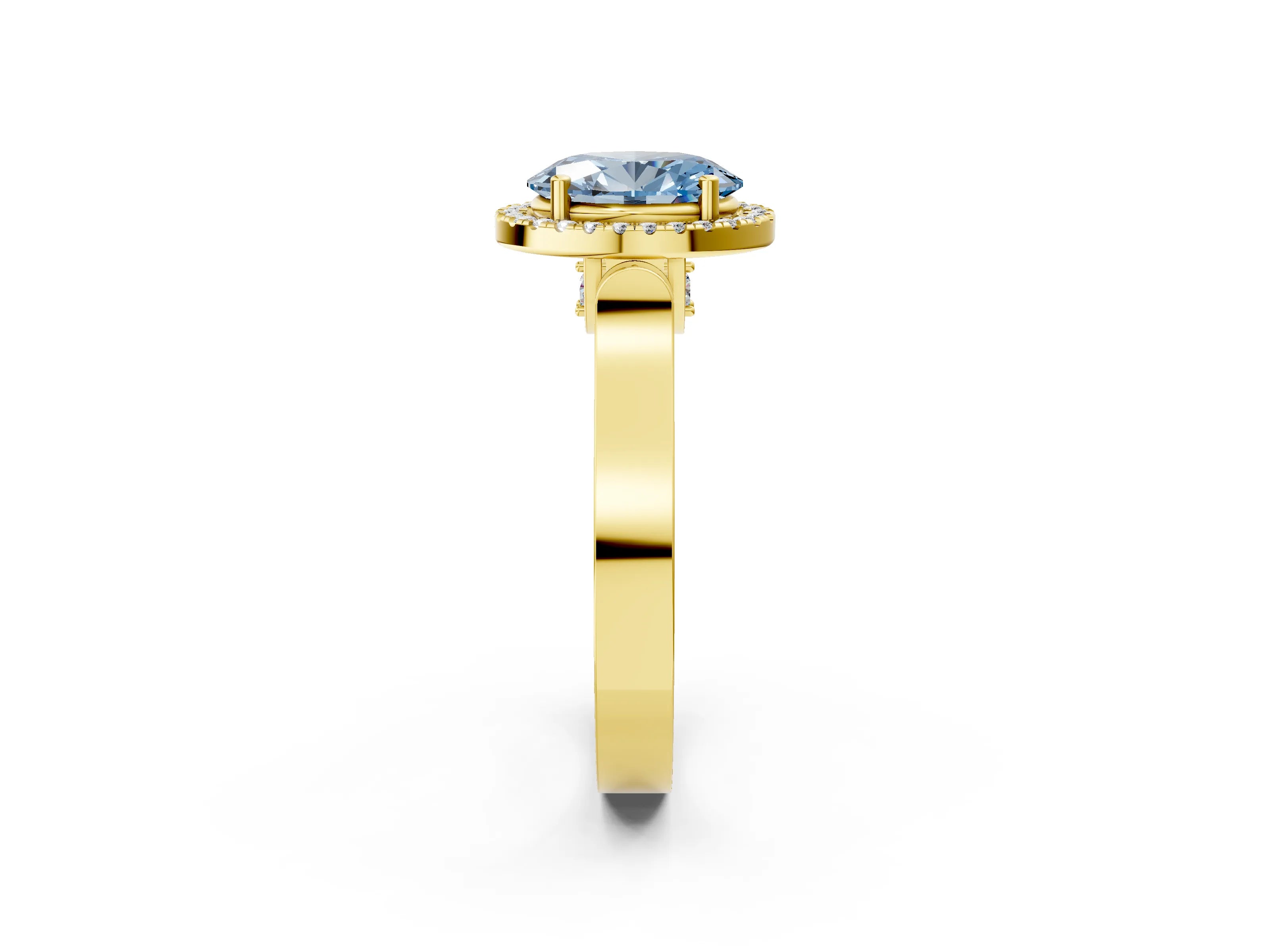 Yellow gold Fancy Blue Oval Cut Halo Round Diamond Twist Band with Four-Prong Setting_2