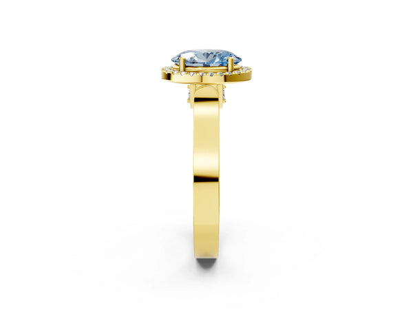 Yellow gold Fancy Blue Oval Cut Halo Round Diamond Twist Band with Four-Prong Setting