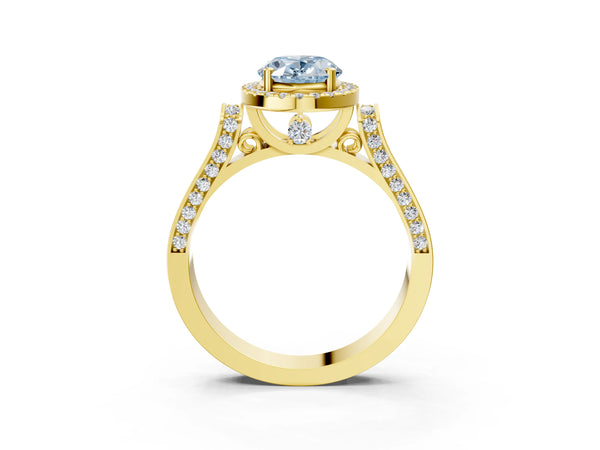 Yellow gold Fancy Blue Oval Cut Halo Round Diamond Twist Band with Four-Prong Setting