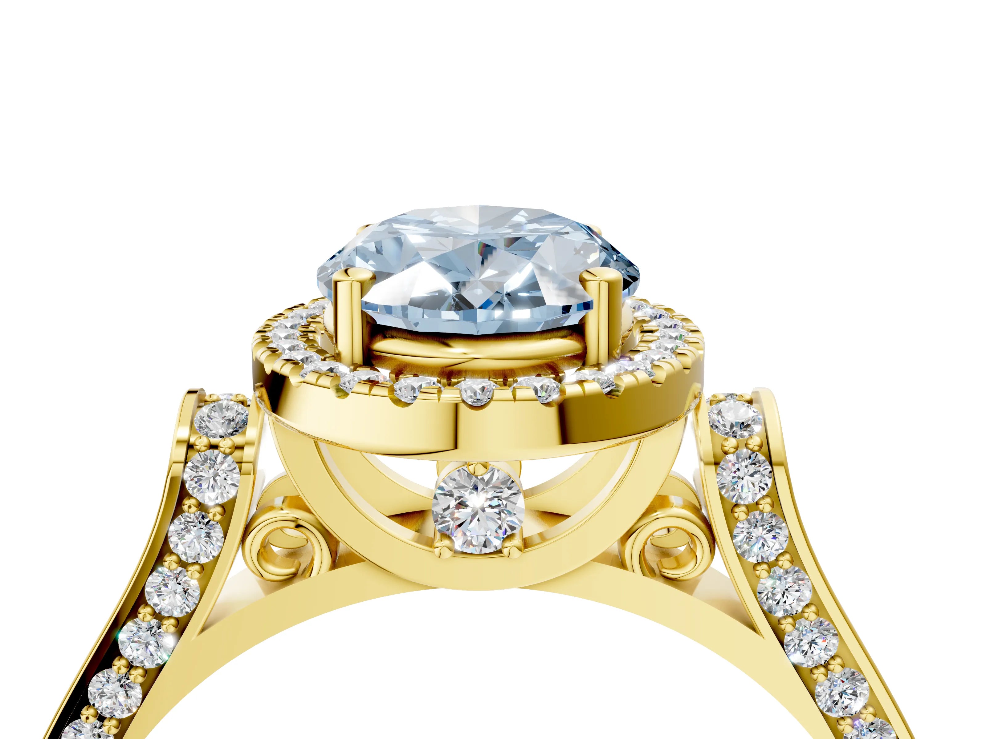 Yellow gold Fancy Blue Oval Cut Halo Round Diamond Twist Band with Four-Prong Setting_4