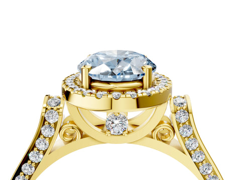 Yellow gold Fancy Blue Oval Cut Halo Round Diamond Twist Band with Four-Prong Setting_4