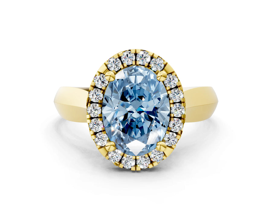 Yellow gold Fancy Blue Oval  Cut Halo Solitaire Engagement Ring with Square Band and Four-Prong Setting
