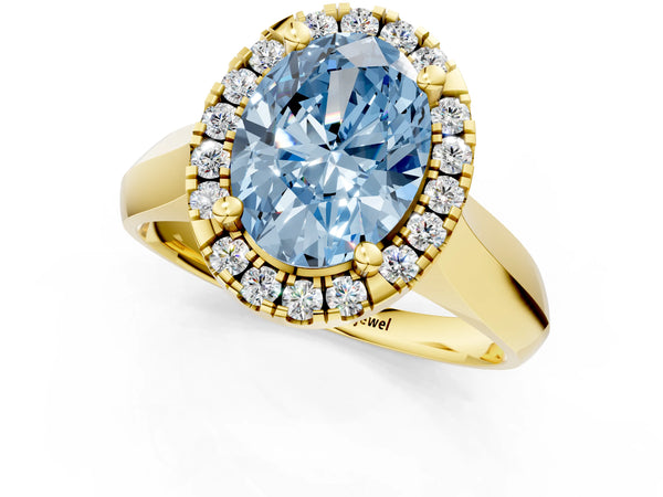 Yellow gold Fancy Blue Oval  Cut Halo Solitaire Engagement Ring with Square Band and Four-Prong Setting