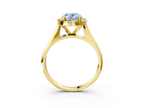 Yellow gold Fancy Blue Oval  Cut Halo Solitaire Engagement Ring with Square Band and Four-Prong Setting