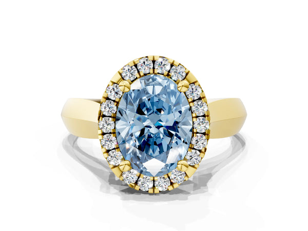 Yellow gold Fancy Blue Oval  Cut Halo Solitaire Engagement Ring with Square Band and Four-Prong Setting