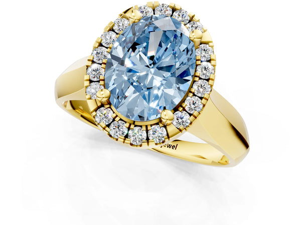 Yellow gold Fancy Blue Oval  Cut Halo Solitaire Engagement Ring with Square Band and Four-Prong Setting