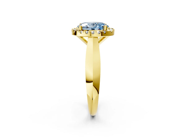 Yellow gold Fancy Blue Oval  Cut Halo Solitaire Engagement Ring with Square Band and Four-Prong Setting