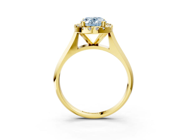 Yellow gold Fancy Blue Oval  Cut Halo Solitaire Engagement Ring with Square Band and Four-Prong Setting