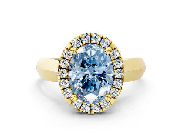 Yellow gold Fancy Blue Oval  Cut Halo Solitaire Engagement Ring with Square Band and Four-Prong Setting