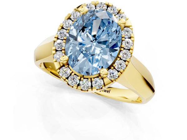 Yellow gold Fancy Blue Oval  Cut Halo Solitaire Engagement Ring with Square Band and Four-Prong Setting