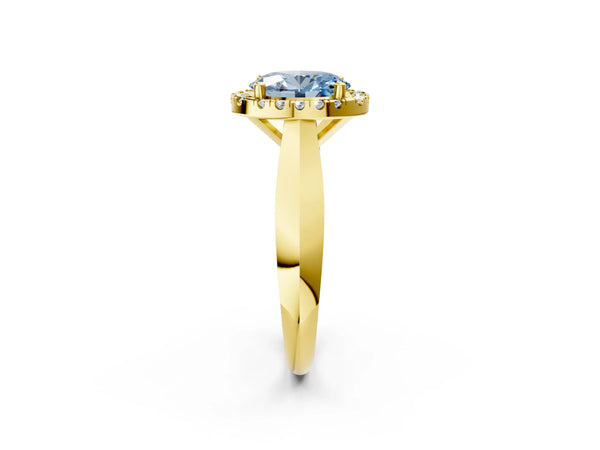 Yellow gold Fancy Blue Oval  Cut Halo Solitaire Engagement Ring with Square Band and Four-Prong Setting