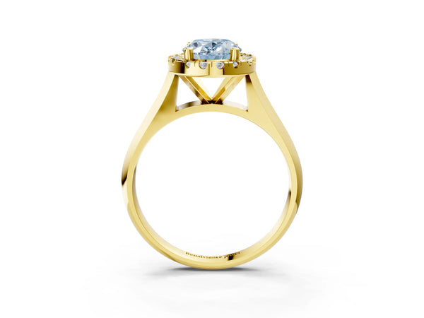 Yellow gold Fancy Blue Oval  Cut Halo Solitaire Engagement Ring with Square Band and Four-Prong Setting
