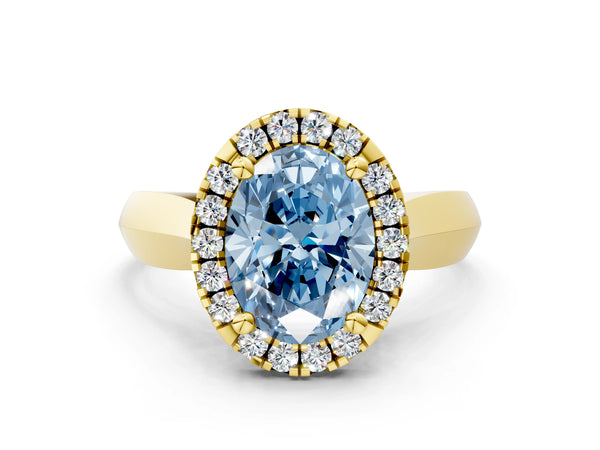 Yellow gold Fancy Blue Oval  Cut Halo Solitaire Engagement Ring with Square Band and Four-Prong Setting
