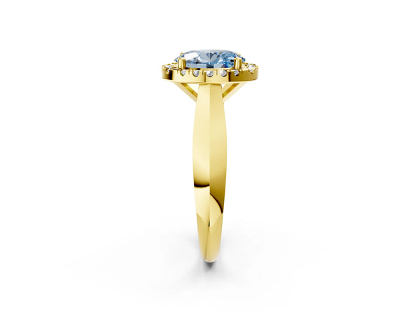 Yellow gold Fancy Blue Oval  Cut Halo Solitaire Engagement Ring with Square Band and Four-Prong Setting