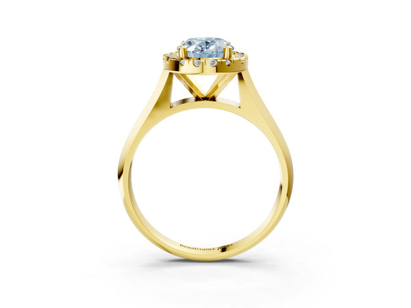 Yellow gold Fancy Blue Oval  Cut Halo Solitaire Engagement Ring with Square Band and Four-Prong Setting