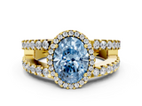 Yellow gold Fancy Blue Oval  Cut Halo Split Shank Diamond Ring with Four-Prong Setting_45
