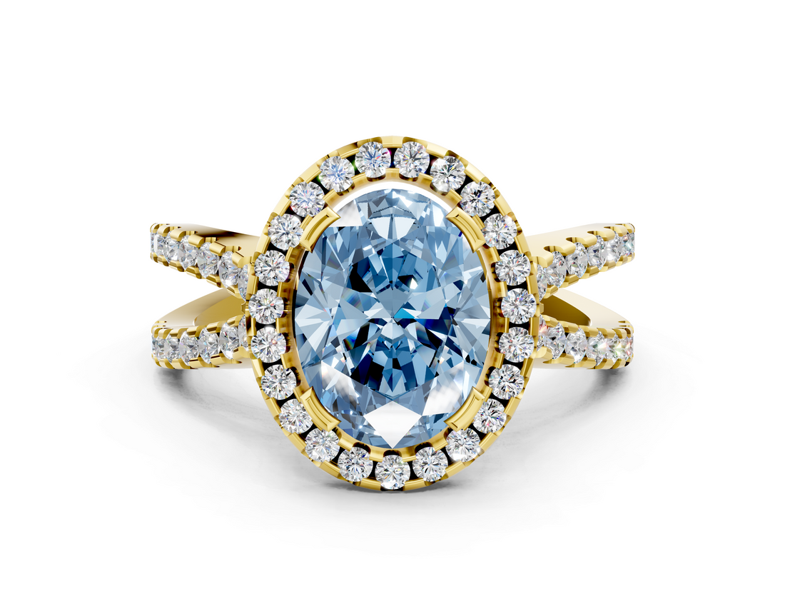 Yellow gold Fancy Blue Oval  Cut Halo Split Shank Pave Set Ring_60